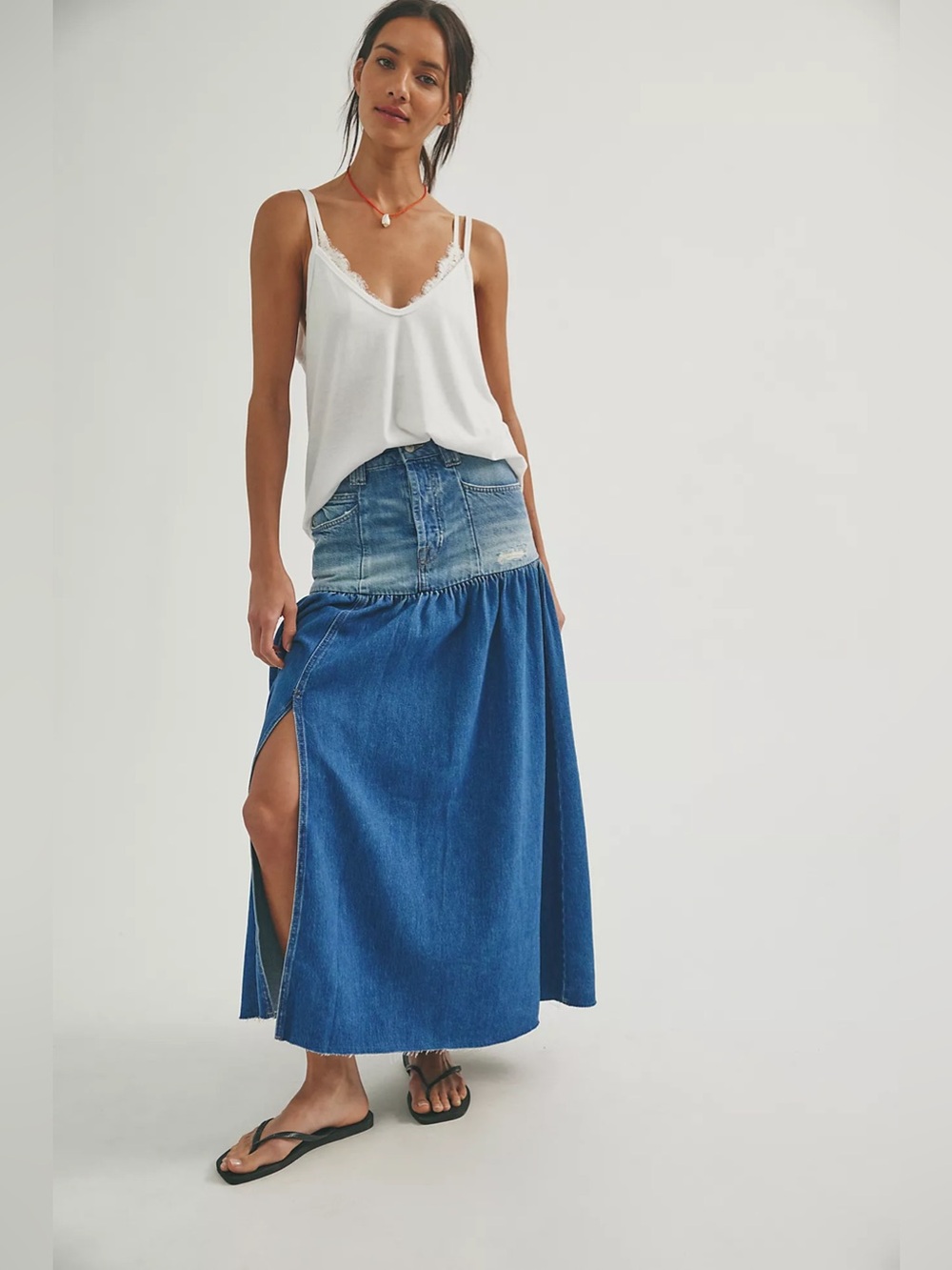 Free People Good Company Mixed Denim Maxi Skirt, NWOT, Size 26